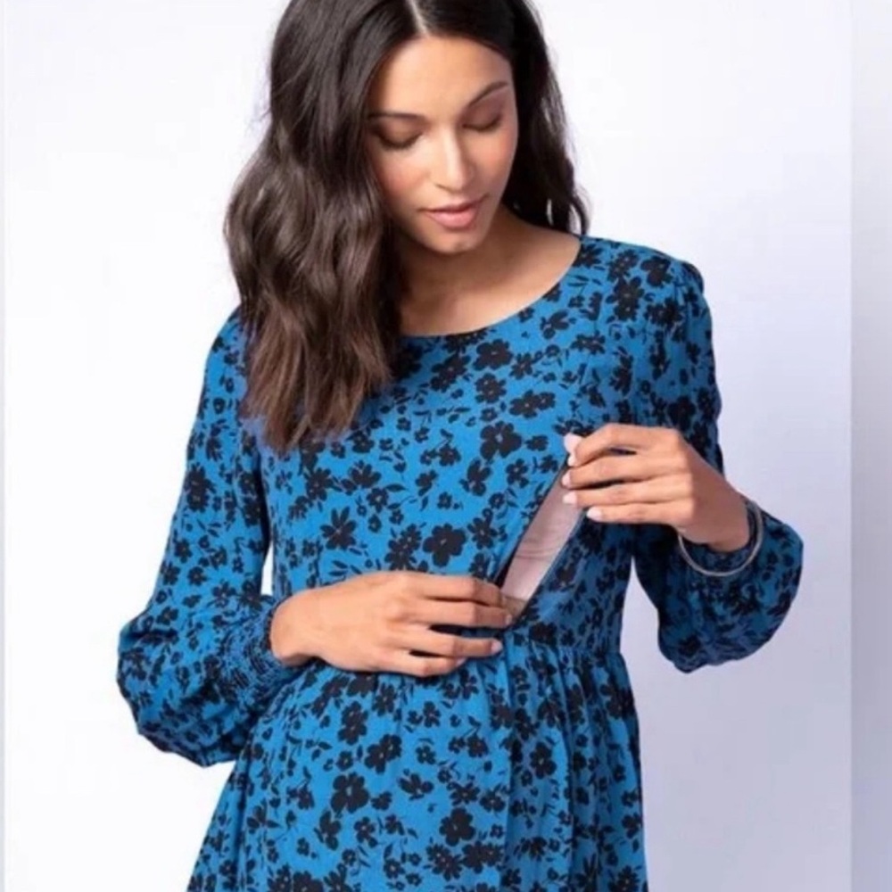 Seraphine Blue Pleat Tiered Maternity Dress Womens Size 6 Floral Nursing